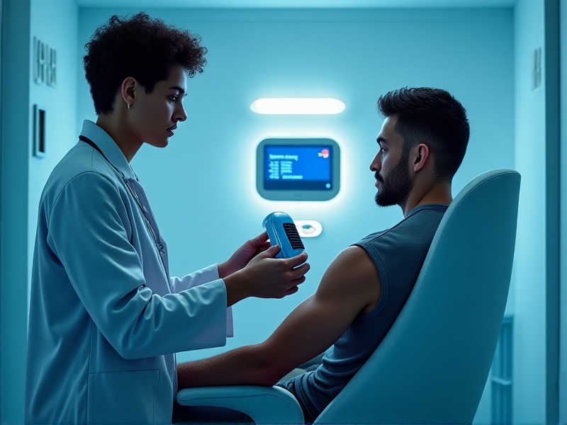 A professional athlete undergoing a localized cryotherapy session in a modern clinic. The athlete is seated comfortably, with a focused expression, as a clinician applies a cryo device to their shoulder. The room is sleek and sterile, with soft lighting and a calming blue color scheme. The mood is one of advanced medical care and cutting-edge technology.