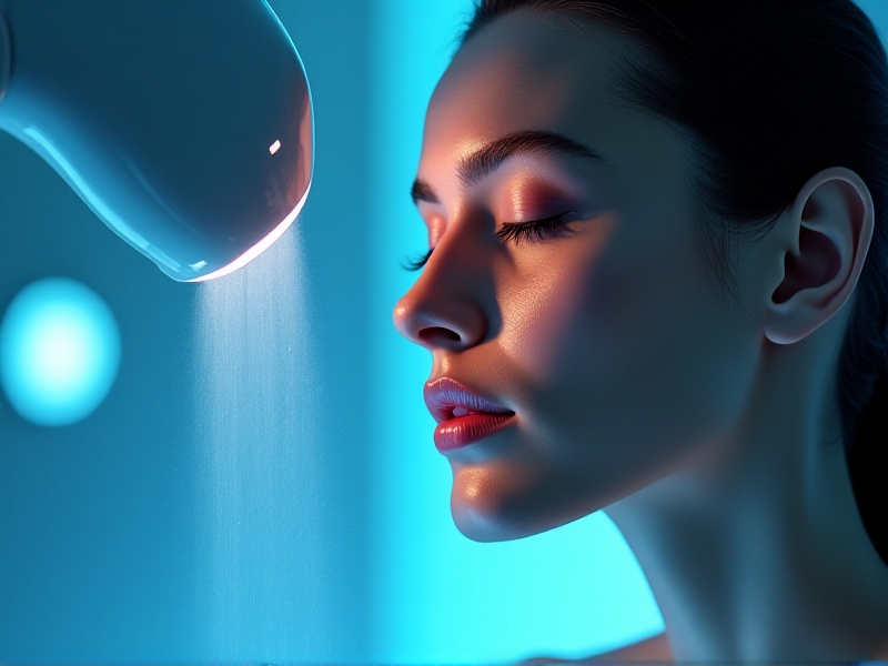 A close-up of a cryo facial device emitting a cold mist onto a woman’s face. The device is sleek and modern, with a frosty blue hue. The woman’s skin appears smooth and radiant, emphasizing the immediate effects of the treatment.