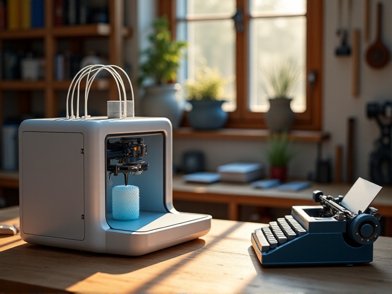 A 3D printer in action, producing a small typewriter component, with a close-up of the finished part placed next to a vintage typewriter, illustrating the fusion of modern technology and historical restoration.