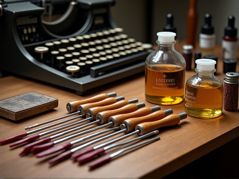 An organized collection of tools and supplies for cleaning and lubricating antique typewriters, including screwdrivers, brushes, a bottle of isopropyl alcohol, and a small container of synthetic lubricant, arranged on a clean wooden table with soft overhead lighting.