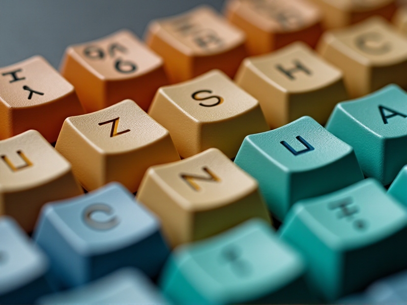 A close-up view of a multilingual keycap set with characters in Latin, Cyrillic, and Greek scripts. The keys are color-coded to differentiate between languages, and the font is clean and legible. The image highlights the meticulous design process behind creating user-friendly keycap sets.