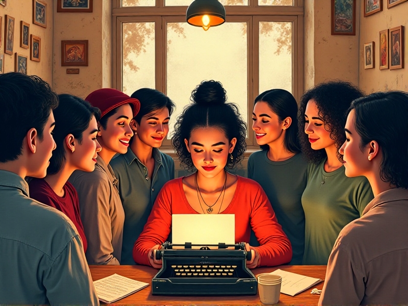 A diverse group of people gathered around a poet at a typewriter, smiling and laughing as they watch the creative process unfold. The atmosphere is lively and inclusive, with a sense of camaraderie and shared excitement.