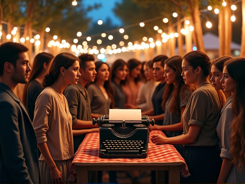 A diverse group of festival attendees gathered around a typewriter, their faces lit with curiosity and admiration. The scene captures the communal and interactive nature of live typewriter demos.