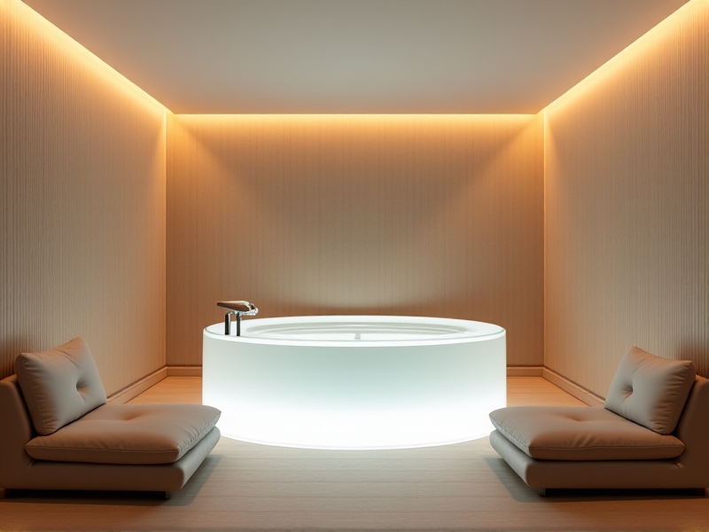 A modern wellness room designed for executives, featuring a float tank, comfortable seating, and soft lighting, with a minimalist decor in neutral tones, creating a peaceful and professional atmosphere.